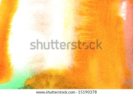Watercolor painted abstract background with green and orange washes