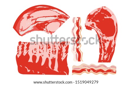 Set of fresh meat products. Vector illustration. Entrecote, ribs, bacon.