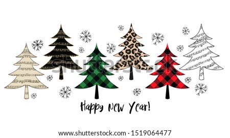 
 Variety of Christmas trees. Winter forest. Vector set or holiday card. Isolated design objects on a white background.