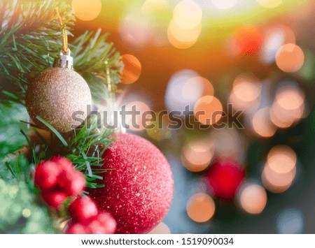 Christmas tree with decorations bokeh blurred glow. Happy New Year and Merry x-mas.
