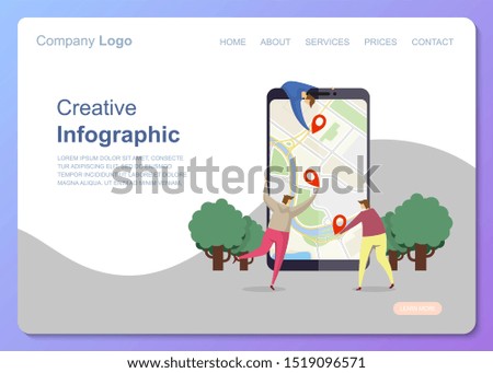 Characters people navigation flat in cartoon style. People character business navigation landing page. Social phone media web banner. Business Landing minimal concept, flat cartoon style illustration