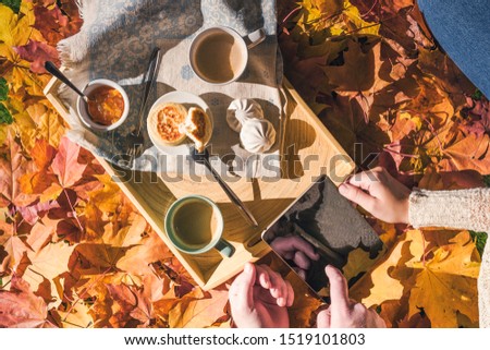 Couple of young people are looking on a tablet having morning breakfast on a wooden tray in the autumn park with colorful maple leaves. Aerial view