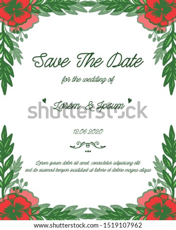 Card save the date, with elegant bright red flower frame. Vector