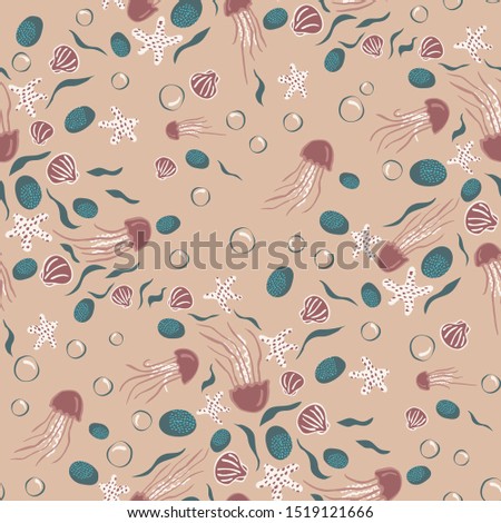 Underwater life seamless vector pattern with posidonia sea grass, starfish, and jelly fish in autumn colors. Colorful surface pattern design for fabric, wallpaper, scrapbooking projects, backgrounds.