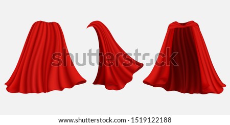 Superhero red silk cape, cloak, mantle, front back and side view, vector illustration isolated on white background. Carnival clothes, masquerade costume etc. Royalty-Free Stock Photo #1519122188