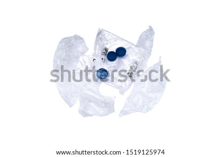 Plastic bag trash and bottle cap  with recycle sign isolated on white with clipping path