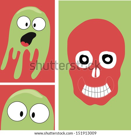 a red skull with a happy face and two green ghosts