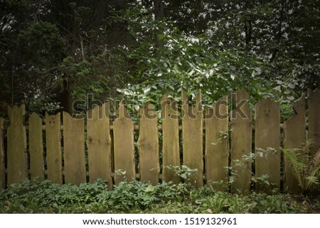 Wooden old fence stock images. Rustic country garden. Old wooden fence with trees. Decorative wooden fence stock images