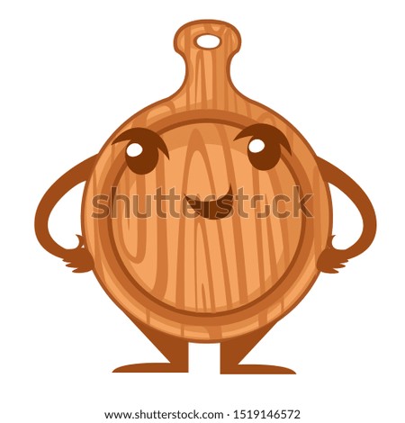 Wooden round cutting board. Kitchen utensil mascot. Cartoon character design. Flat illustration isolated on white background
