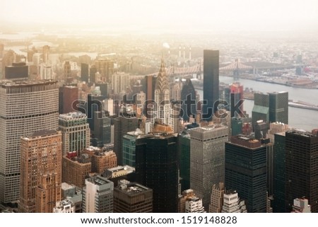 New York cityscape skyline background and high building with twilight Sky, Soft blurry focus. USA.