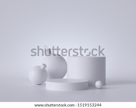 3d abstract white Christmas background with glass balls and empty pedestal. Round platform, blank podium steps, copy space. Product showcase stand mockup. Simple minimal clean style.