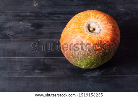 Big fresh orange pumpkin on a dark wooden background