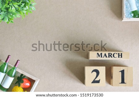 Empty Background, Design with number cube strawberry pine apple and wine in natural concept, March 21.