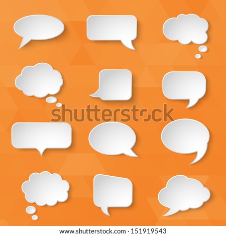 White paper bubbles for speech on an orange background. Universal set 1. Abstract design. Vector illustration.