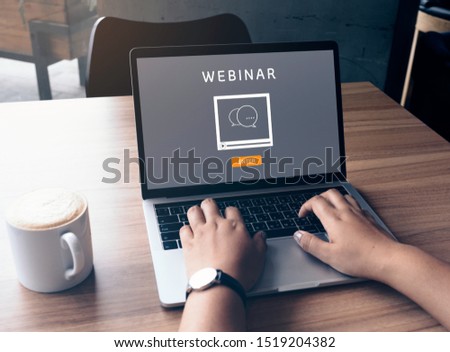 Business woman's hands using Laptop Computer with Webinar E-business Browsing Connection and cloud online technology webcast concept, business concept, Laptop mockup with clipping path on screen.