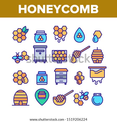 Honeycomb Collection Elements Icons Set Vector Thin Line. Bee Swarm, Beekeeper And Sweets, Nectar And Honeycomb Concept Linear Pictograms. Beekeeping Monochrome Contour Illustrations