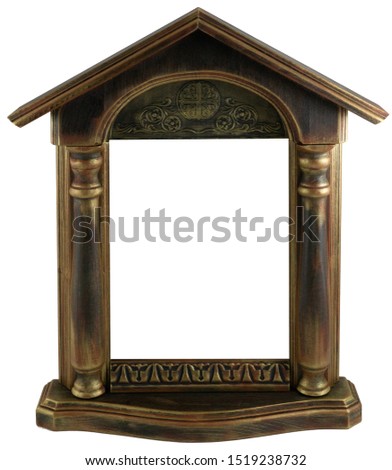 wooden house shaped icon or picture frame with blank space for the picture