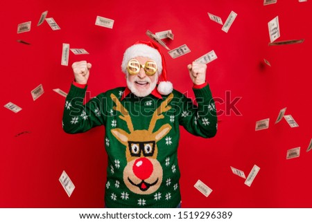 Portrait of funny funky crazy grey white hair bearded old man win lottery got x-mas income money fly fall screaming yeah wear style antler decor design ornament isolated over red color background