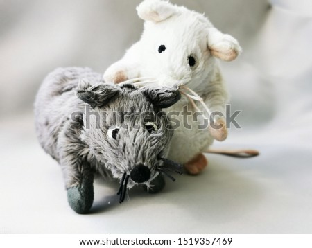 Two cute funny mouse, a symbol of the year 2020 on the astrological calendar. Photo of children's toys close-up
