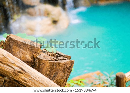 Tree stump with a waterfall and natural water source in the background