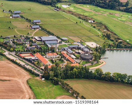 Aerial view on Capi Hnizdo,The Stork'S Nest. Wellness, fitness, boating, fishing, beach, hotel, restaurant, farm. Olbramovice, Central Bohemian Region. Czech Republic