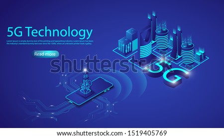 Isometric smart city and giant smartphone with 5G technology network. website template and landing page design. Vector illustration in 3d style. Royalty-Free Stock Photo #1519405769