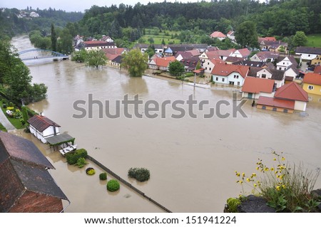 Flooding river Luznice, Czech Republic, village - Bechyne