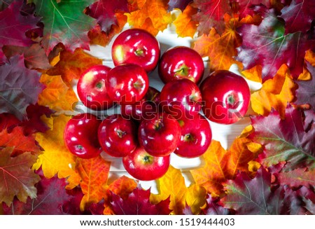 Juicy red apples lie on bright lydhomulti autumn leaves