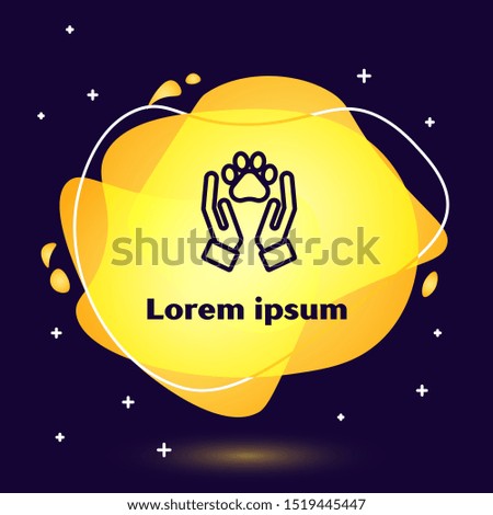 Black line Hands with animals footprint icon isolated on dark blue background. Pet paw in heart. Love to the animals. Abstract banner with liquid shapes. Vector Illustration