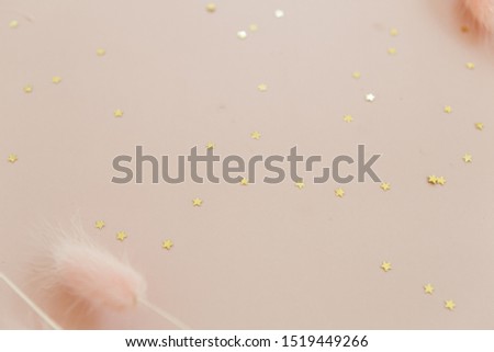 Pink background with dried bunny tail grass and gold star glitter confetti, copy space, advertising background