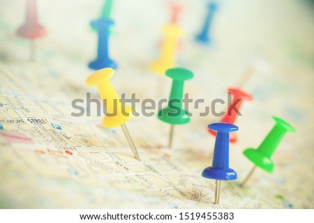 On the map of Europe, the colored buttons indicate the location and coordinates of the destination. Country Policy Concept