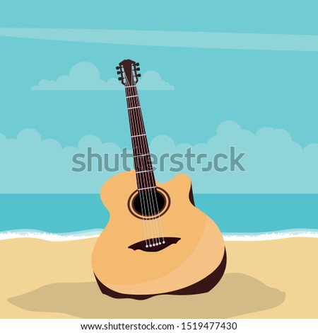 Acoustic guitar design with beach background in summer
