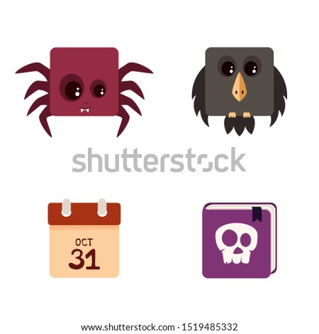 Halloween icons isolated on white background. Set of holiday symbols: crow, spider, calendar, skull on scary book. Illustration can be used for children's holiday or clothing design, cards and banner.