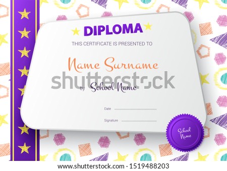 Kids diploma, certificate template for kids, hand drawn  background for school, preschool or playschool. Education preschool concept
