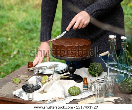 beautiful outdoor still life in autumn garden with woman smears the cake on wooden cake stand with chocolate cream stands on rustic wooden table with grey napkin, vintage bottles, glasses 
