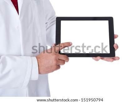 Doctor presenting empty tablet. Isolated on white backround