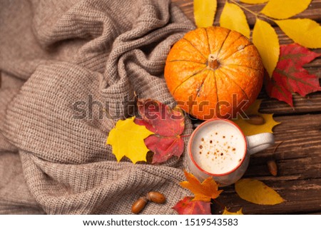 Pumpkin spiced latte or coffee in glass decorated knitted scarf on turquoise vintage background. Autumn, fall or winter hot drink. Cozy breakfast.