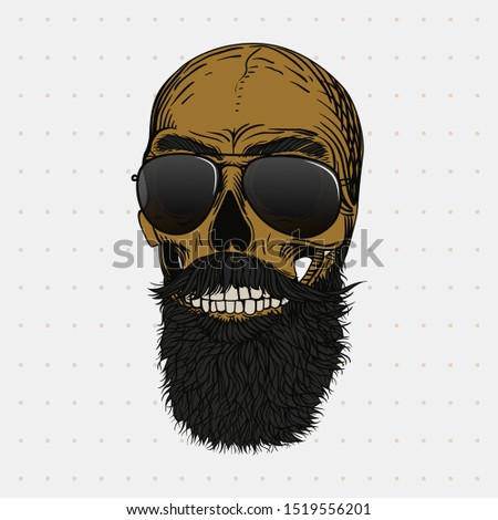 Bearded bald skull with black hair and glasses. Stylish men's beard, biker view. Picture for halloween, barbershop and clothes.