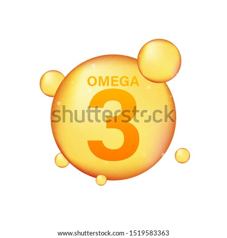 Omega 3 gold icon. Vitamin drop pill capsule. Shining golden essence droplet. Vector illustration. Royalty-Free Stock Photo #1519583363