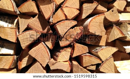 Chipped firewood is on the heap. Woodpile of firewood close-up. A stack of dry firewood, visible texture and cracks in the tree. Exterior shot of a large pile of firewood in soft daylight