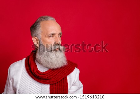 Close up profile side photo of gorgeous elderly man looking wearing white pullover isolated over red background
