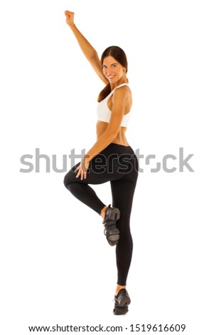 Sport fitness woman back view, young healthy girl doing exercises, full length portrait isolated over white background