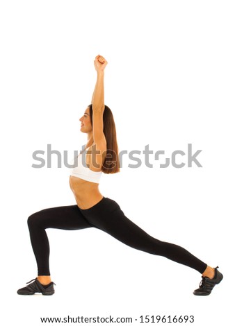 Sport fitness woman, young healthy girl doing exercises, full length portrait isolated over white background