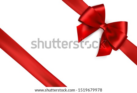 Shiny red satin ribbon on white background. Vector red bow and ribbon. Christmas gift, valentines day, birthday  wrapping element