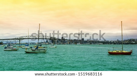 Morning Scenery at Birkenhead Beach Auckland New Zealand; View to Harbour Bridge and Auckland City