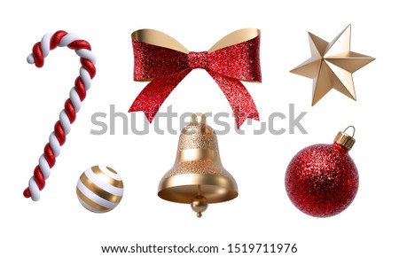 3d Christmas clip art. Set of design elements, isolated on white background. Golden bell, paper bow, red ribbon, candy cane, glass ball ornament.