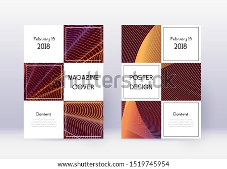 Business cover design template set. Orange abstract lines on wine red background. Awesome cover design. Artistic catalog, poster, book template etc.