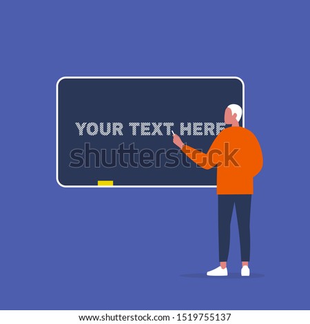 Your text here. Young male character drawing on a chalkboard.  Flat editable vector illustration, clip art