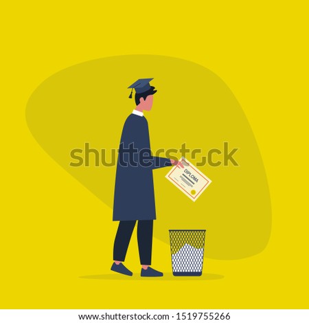 Education crisis. Disappointed male graduate throwing out the diploma in a trash bin. Flat editable vector illustration, clip art 