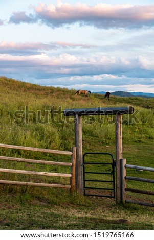 Western pasture scene with wood fence and log entryway with metal gate, evening light, horses, Eastern Washington state, USA
